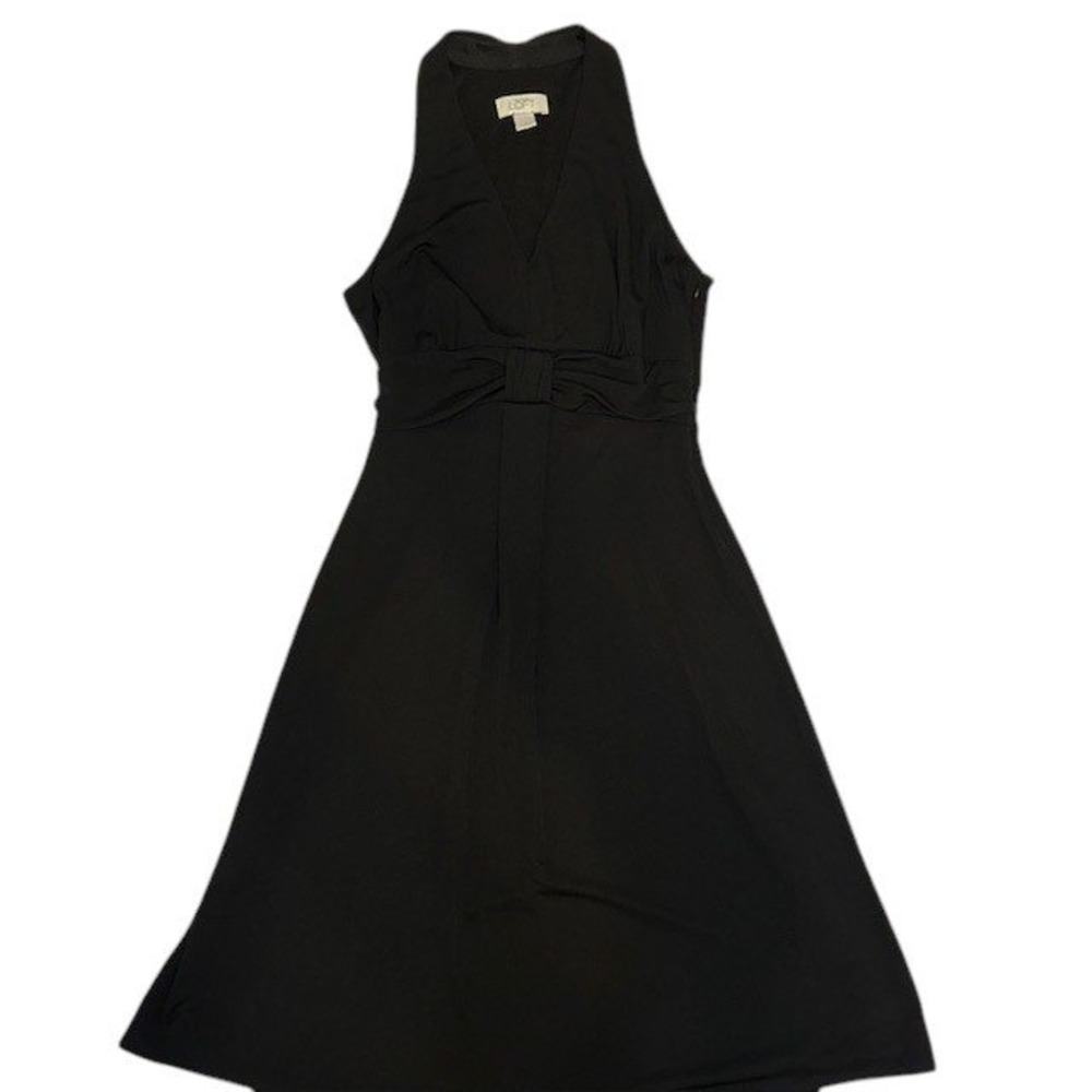 LOFT Black Halter Dress Sleeveless V-Neck Knotted Waist A-Line Midi Dress SZ 6